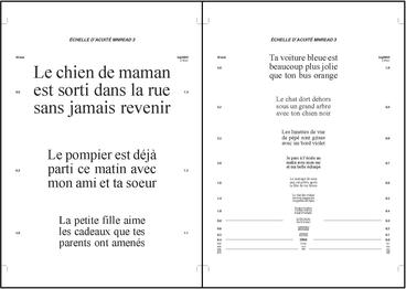Images of both sides of the French MNREAD Chart #1, with sentences in French descending in size from top to bottom.